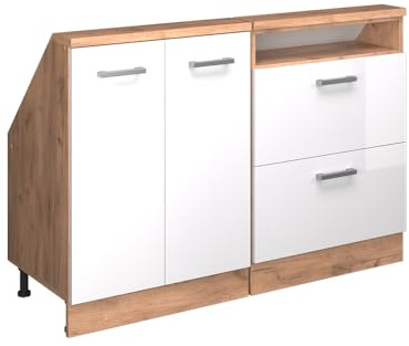 Vicco Küchenschrank für Dachschrägen R-Line, Weiß Hochglanz, 120 cm | 2 Module · Tiefe 46 cm · Höhenverstellbare Füße · 2 Schubladen · 2 Türen