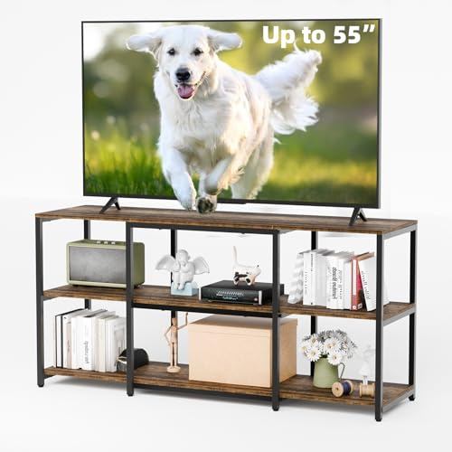 Aquzee TV Stand Cabinet, Wooden TV Unit for 32 40 50 55 Inch TV, 3-Tier Industrial Entertainment Unit, Open Storage Shelves, Living Room Small Media Console Table, Rustic Brown