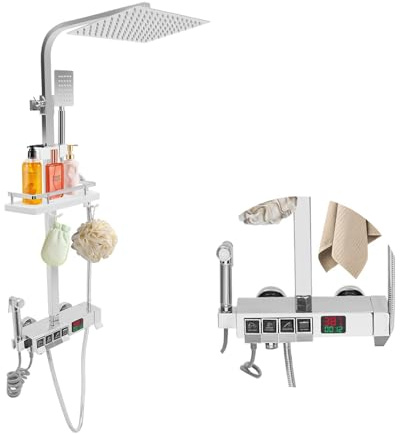 Système de douche avec thermostat, écran LED, robinet de douche avec douche à effet pluie de 20 x 20 cm, douchette à main, buse supplémentaire et robinet, set de douche à 4 types de jet, tige réglable