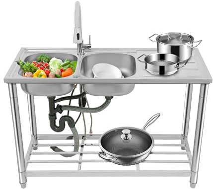 Yikmid Double évier en acier inoxydable - 120 x 50 x 80 cm - Évier de cuisine sur pied avec robinet extensible à 360° - 2 bacs avec tamis - Évier sur pied pour cuisine, restaurant, hôtel, terrasse