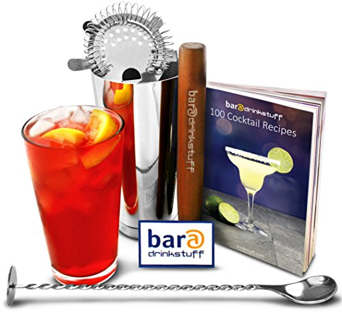 Boston Cocktail Shaker Set by bar@drinkstuff | Contains Professional Boston Cocktail Shaker Tin & Glass, 100 Cocktail Recipes book, Twisted Mixing Spoon, Cocktail Muddler & Hawthorne Strainer