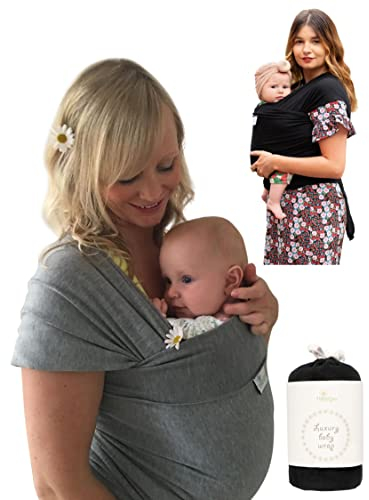 UK Brand - Baby Sling Carrier Wrap, Newborn to 35lbs, Organic Cotton, Small/Medium or Plus Size, Black or Grey, Safety Tested
