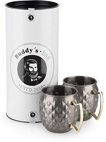 Buddy´s Bar - 2 Moscow Mule Becher, 500 ml, hochwertige Edelstahl-Becher mit Ananas Struktur, lebensmittelecht, Pineapple-Skin Cocktail Cup inkl. Geschenkbox, 2er Set, Edelstahl antik