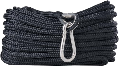 RainierSupplyCo Boat Anchor Rope - Double Braided Marine Rope Anchor Line - 50 ft x 1/4 Inch Nylon Boating Line with 316 Stainless Steel Thimble and Heavy Duty Marine Grade Bow Shackle - Black