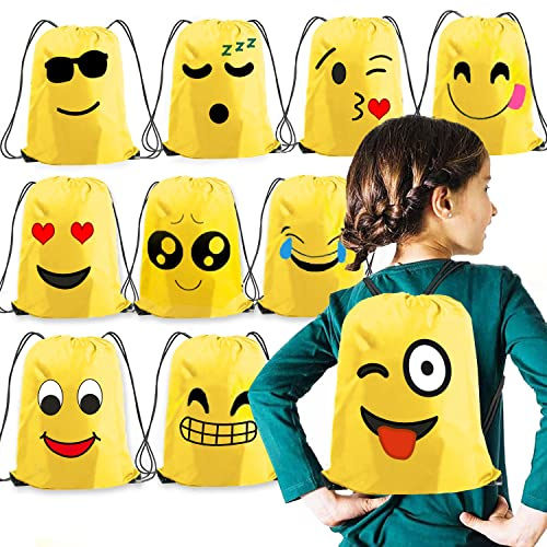 Voarge 10 Stück Kinder Emoji Turnbeutel Rucksack, Gastgeschenke Beutel, für Kindergeburtstag Partytüten Geschenktüte Partyzubehör Mitgebsel
