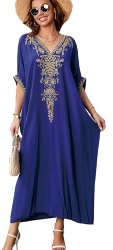 YouKD sommar bomull broderad blommig lös kaftan boho strand bikini övertäckningsklänning storstorlek morgonrock för kvinnor, Mörkblå 3, en storlek