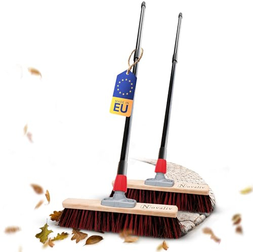 Novaliv 2 x escobas de carretera para barrer con mango de 40 cm, mango telescópico extensible, Arenga-Elaston, negro-rojo, industrial, escoba de jardín, escoba de taller, escoba exterior