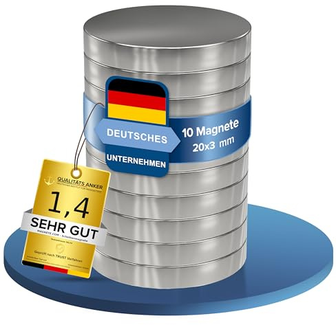 10 Stück Neodym Power Magnet Silber - Scheibenmagnet extra stark rund - Durchmesser 20x3mm hoch - Supermagnet - Haftkraft ca. 4,6 kg - für Magnettafel, Werkstatt