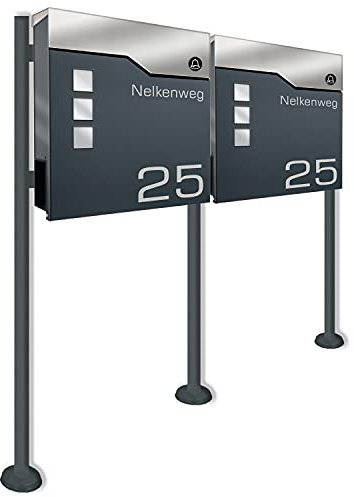 Doppel Standbriefkasten mit FUNKKLINGEL ANTHRAZIT - aus pulverbeschichtetem Stahl - mit Zeitungsrolle und Doppel Standfuß