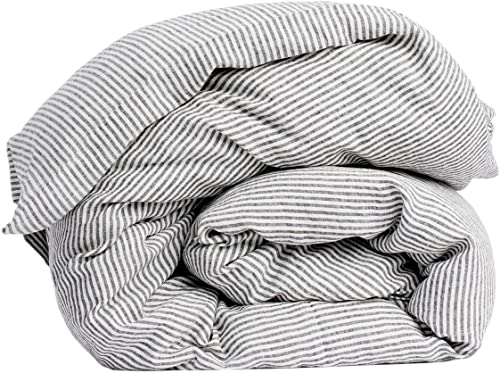 My Linen Home Bettdeckenbezug aus 100% Stonewashed Leinen in Streifen I Steppdeckenbezug I Maschinenwaschbar I Bettdeckenbezug mit Reißverschluss I Single Bettdecke 150x200 cm