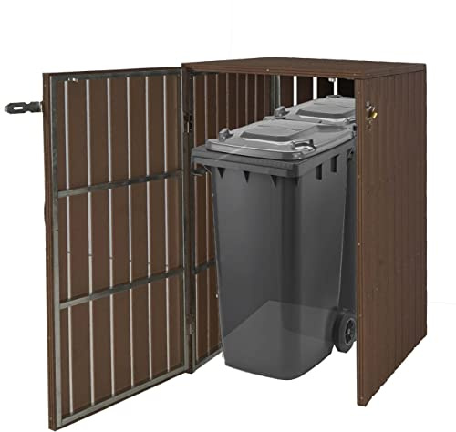 XL 1er-/2er-WPC-Mülltonnenverkleidung HWC-J28, Mülltonnenbox, Metall Holzoptik, erweiterbar - braun