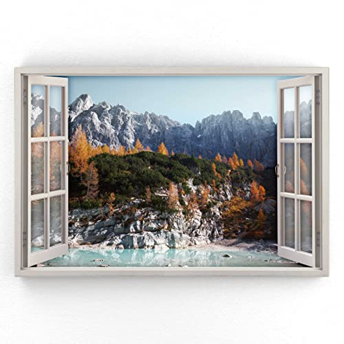 Estika - Cuadros de lienzo con vistas a la ventana - montañas, bosques - 120 x 80 cm - 1 pieza mural, imagen sobre lienzo, decoración moderna para salón dormitorio - cuadros paisajísticos naturales -