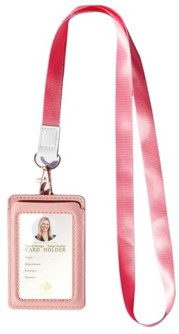 Ausweishalter,vertikaler Ausweis-Kartenhalter aus Leder,durchsichtiges Ausweisfenster mit Umhängeband für Männer und Frauen/Lehrer/Krankenschwester (Rosa-kleiner)