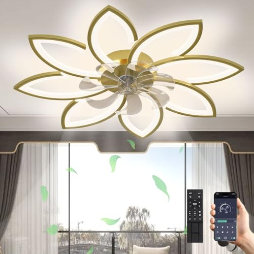 LED Deckenventilator Mit Beleuchtung, 90W Dimmbar (3000K-6000K) Deckenleuchte Mit Ventilator, Leise Reversibel Deckenventilator Mit Lampe Für Wohnzimmer Schlafzimmer Esszimmer Gold,8 Köpfe 90x15cm