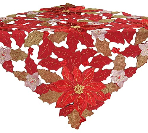 Weihnachten - Winter - Weihnachtsstern Poinsettie Stickerei Polyester Tischdecke ca. 85 x 85 cm, Rot