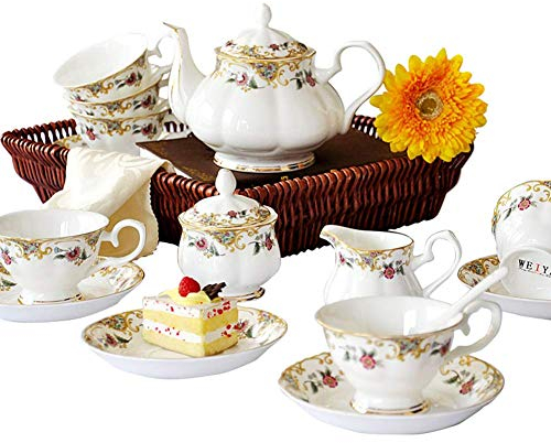 Juego de té de café de Porcelana 45% Bone China clásico de 15 Piezas con 6 Tazas, 6 platillos, 1 azucarero, 1 cafetera, 1 lechera