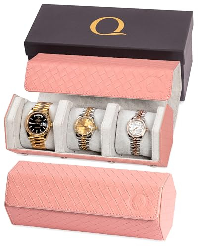 QWATCHBANDS Rollos de reloj de piel de napa para hombre, estuche de viaje hexagonal triple para 3 relojes, organizador de almacenamiento de cuero genuino con pantalla interior de terciopelo (rosa y