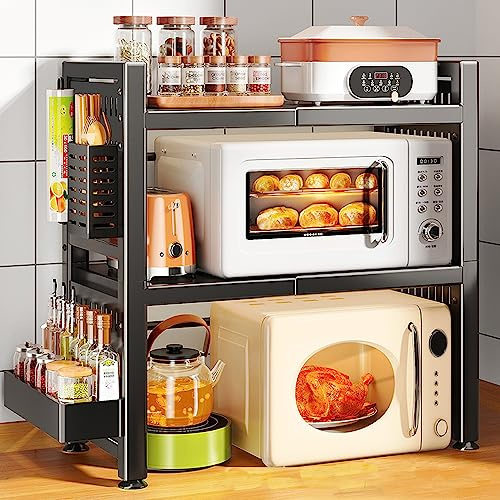 Mikrowellenregalständer 2/3 Etagen Küchenregal Mikrowelle aus Kohlenstoffstahl Ausziehbar Höhenverstellbar Mit Papierhandtuchhalter, 6 Haken, einem Gewürzorganisator und Essstäbchenbox (3 Etagen)