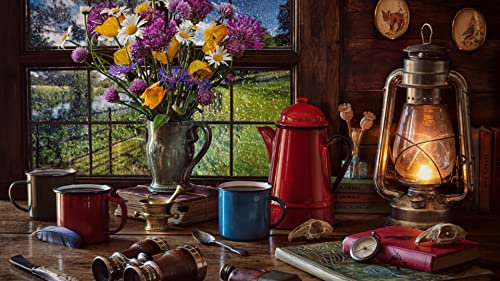 Puzzles Classiques 1000 Pieces Nature Morte De Table, Bouquet De Fleurs, Livres, Boussole, Cafetière, Jumelles 75 * 50Cm