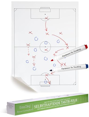 EASYCLING® Magique Taktiktafel Fußball Selbsthaftend - Statische Taktikfolie Fußball mit 25 Blatt & 2 Boardmarker Inkl, Abwischbar und Wiederbeschreibbar, Geeignet für alle glatten Flächen, 80cmx60cm