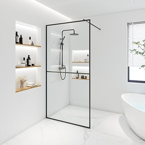 Home Deluxe - Duschabtrennung - BAKI - Breite: 110 cm, Schwarzer Rahmen, Klarglas, 2 Raster Optik - 10 mm ESG - Sicherheitsglas I Walk in Dusche, Duschwand, Duschtür