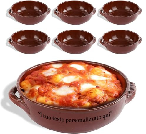 NOBILE LOVELYCARE 6 tegamini in terracotta 15x5cm con testo PERSONALIZZABILE ciotole in terracotta per pasta al forno gnocchi fusilli al tegamino, sagre ed eventi all'aperto 100% Made in Italy