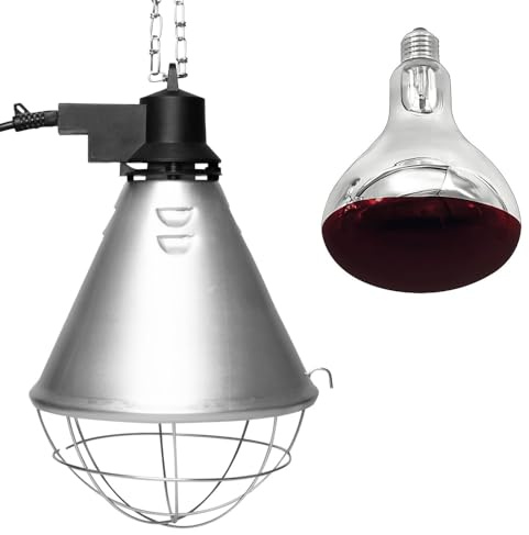 NCC-Licht Aufzuchtleuchte mit Schutzkorb und IR-Lampe BR125 250W Rot | Infrarot-Wärmelampe mit Schutzkorb und 2,5m Kabel mit Stecker, Ideal zur Aufzucht von Hühner, Ferkel und andere Tiere