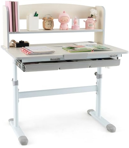COSTWAY Schreibtisch Kinder, Kinderschreibtisch höhenverstellbar, Schülerschreibtisch mit neigbarer Tischplatte, Regal & Schublade, Jugendschreibtisch Zeichentisch für 3–12 Jahre Kinder (Grau)