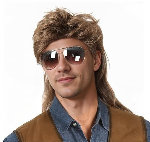 SEFIRST 3 Pcs Perruque Mulet Homme Année 80, Perruque Deguisement avec Lunettes de Soleil et Filet à Cheveux, Accessoire pour Style Rétro Disco, Fête Costumée, Carnaval, Halloween, Années 70-80 Marron