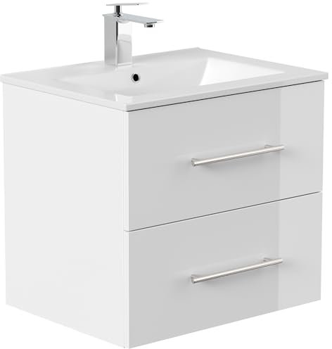 Lomadox Bad Badezimmer Gästebad Waschplatz Waschtisch Waschtisch 60 cm in weiß Hochglanz