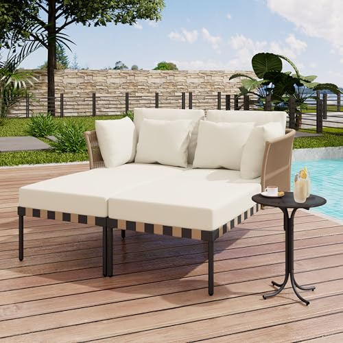 Kayan Lounge Möbel Outdoor, Gartenlounge 2 Sitzer mit Couchtisch, Balkon Lounge Set Gartensofa mit Kissen, Doppelliege 2 Personen, Abnehmbarer und Modularer Garten Loungesessel, Outdoor Sofa (Beige)