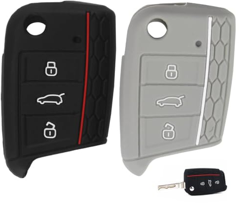 OYZOQ 2 Stück Autoschlüssel Hülle Schlüssel Hülle für VW Golf 7 Polo Tiguan Seat Leon Touran Skoda, 3-Tasten Silikon Schlüsselhülle Autoschlüssel Etui Schutzhülle Silikon(Grau + Schwarz)