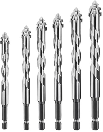 Set di 6 punte per trapano, con 4 tagli, trapano eccentrico a quattro tagli, punte per sega Powerbit per legno, cemento, 4 + 5 + 6 + 8 + 10 + 12 mm