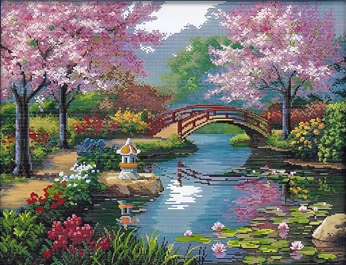 RESTEQ Kit per Ricamo a Punto Croce Sakura 50x40 cm con Fili, Aghi e Schema di Fioritura di Ciliegio