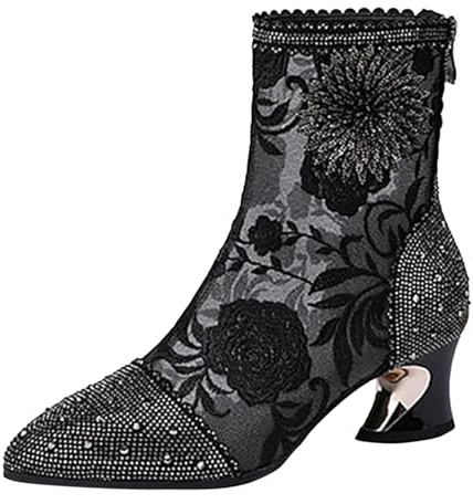 VBEDKDEB Stövlar damstövlar ankelstövlar damskor, fashionabla, sexig spets, strass, broderade, nättyg, korta stövlar, spetsiga tå, tjock klack, gummistövlar dam festival, svart, 39 EU