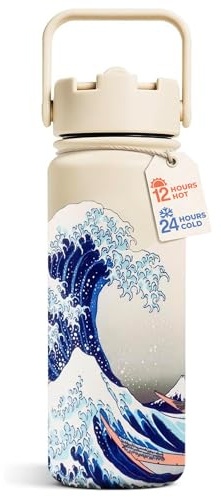 Botella de Agua Hokusai Gran Ola – Termo Deportivo Reutilizable 500 ml / 18oz de Acero Inoxidable con Aislamiento al Vacío, Pajita y Asa Portátil | Diseño Japonés Kawaii para Bebidas Frías y Calientes