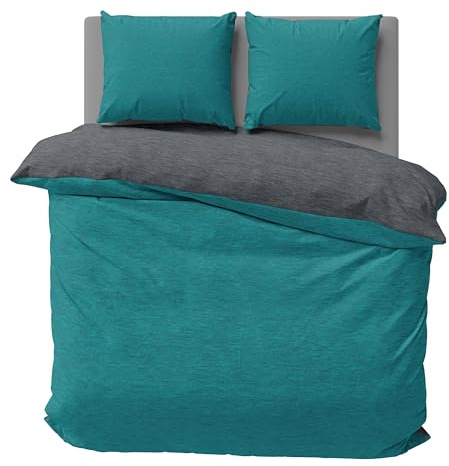 one-home Winter Bettwäsche Biber Meliert Baumwolle Flanell Kuschelig Flauschig Warm Weich Modern, Größe:3 teilig 200x220 cm, Farbe:Petrol/anthrazit