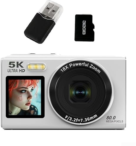 Hasaller Videoregistratore digitale portatile 5K con interpolazione da 80 MP e zoom digitale 18x, doppio schermo anteriore e posteriore, fotocamera compatta per vlogging per selfie e vlogging (bianco