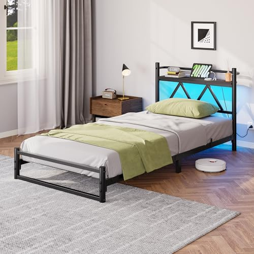 3ft Single Bed Frame with LED Lights and Charging Station–12cm Low Profile,Modern Single Metal Bed Frame with Storage Headboard,90x190cm,No Box Spring Needed, Noise-Free, Easy Assembly, Black