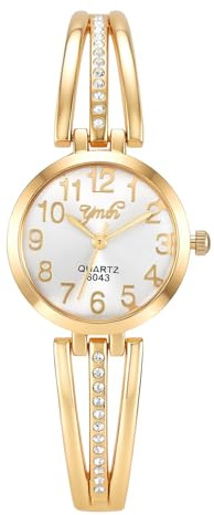 JSDDE Montre Femme Quartz Jonc Bôitier Or Bracelet Ajouré Pavé Strass | Montre Bangle Analogique Quartz Cadran Argent Chiffres Arabes Facile à Lire Elegant Montres Habillée Doré pour Poignets Fins
