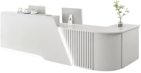 L-format Receptiondisk Reception Disk med LED för kontor och butik. | Receptionsdiskar med Låsbar Låda och Förvaringsskåp dubbel bänkskiva, tangentbordshylla(White A/Left,200cm)