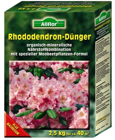 Allflor Rhododendrondünger I 1 x 2,5 Kg I Organisch-Mineralische Nährstoffkombination für Moorbeetpflanzen I Rhododendron Dünger in der Faltschachtel I Magnesium-betontes Düngemittel