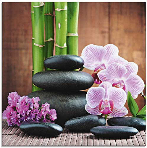 ARTland Wanddeko Glasbilder Wandbild Glas Bild einteilig Quadratisch Natur Asien Wellness Zen Steine Blumen Blüten Orchideen Bambus Pink T5OO