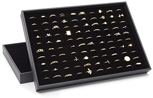 Juvale Ring Display Tray - Velvet Protection & Jewelry Display - Removable Pad & Earring Storage - Stackable Jewelry Trays & Glasses Holder for Nightstand - Pack of 2, 13.8 x 9.5 x 1.3 in, Black