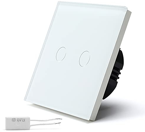 BSEED Interrupteur Gradateur Interrupteur Tactile Interrupteur Mural Panneaux en Verre Trempé Fonctionne avec Des Lumières LED à Intensité Variable 700W 2 Gang 1 Voie Blanc