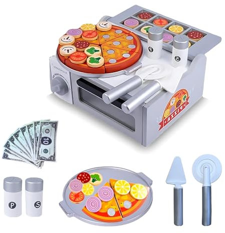 Kingsport 50 PCS Wooden Pizza Oven Toy Set for Kids Pretend Play Food Set with Pizza Toppings, Pizza Cutter, Cash Register, Menu, and Coins Fun Educational Toy for Toddlers Children Ages 3+