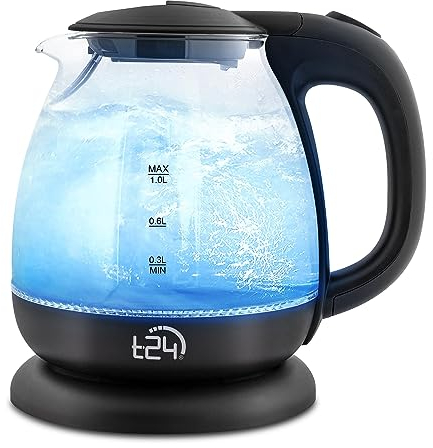 T24 PREMIUM Glas Wasserkocher mit LED, klein und kompakt Wasserkocher 1100 Watt 1 Liter GS und TÜV zertifiziert schwarz, Abschaltautomatik, Trockenschutz, BPA frei Borosilikatglas