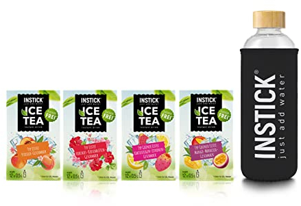 INSTICK Zuckerfreies Instant-Getränk (Bundle S Eistee + Glasflasche 1 L) 4x12 Sticks - 1 Stick für 0,5-1 L - Veganes Getränkepulver Kalorienarm & Vitamin C - Instant-Pulver
