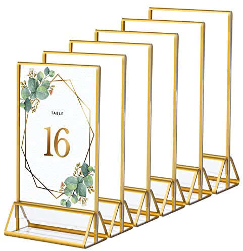 Dezzer Acryl Schilderhalter Goldenen, 6er-Pack 4 x 6 Zoll / 10 x 15 cm Upright Doppelseitigen und Vertikalen Stand Tabelle Menühalter für Hochzeit Tischnummern, Bankett, Restaurant Schilder Display