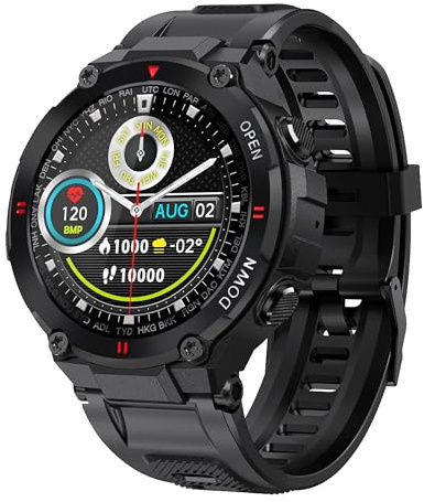 findtime Smartwatch, wasserdicht, taktisch, für Herren, Smartphone, mit Schlafmonitor, Schrittzähler, Kalorienzähler, Stoppuhr, Bluetooth-Anruf, Schwarz , Einheitsgröße, Gurt